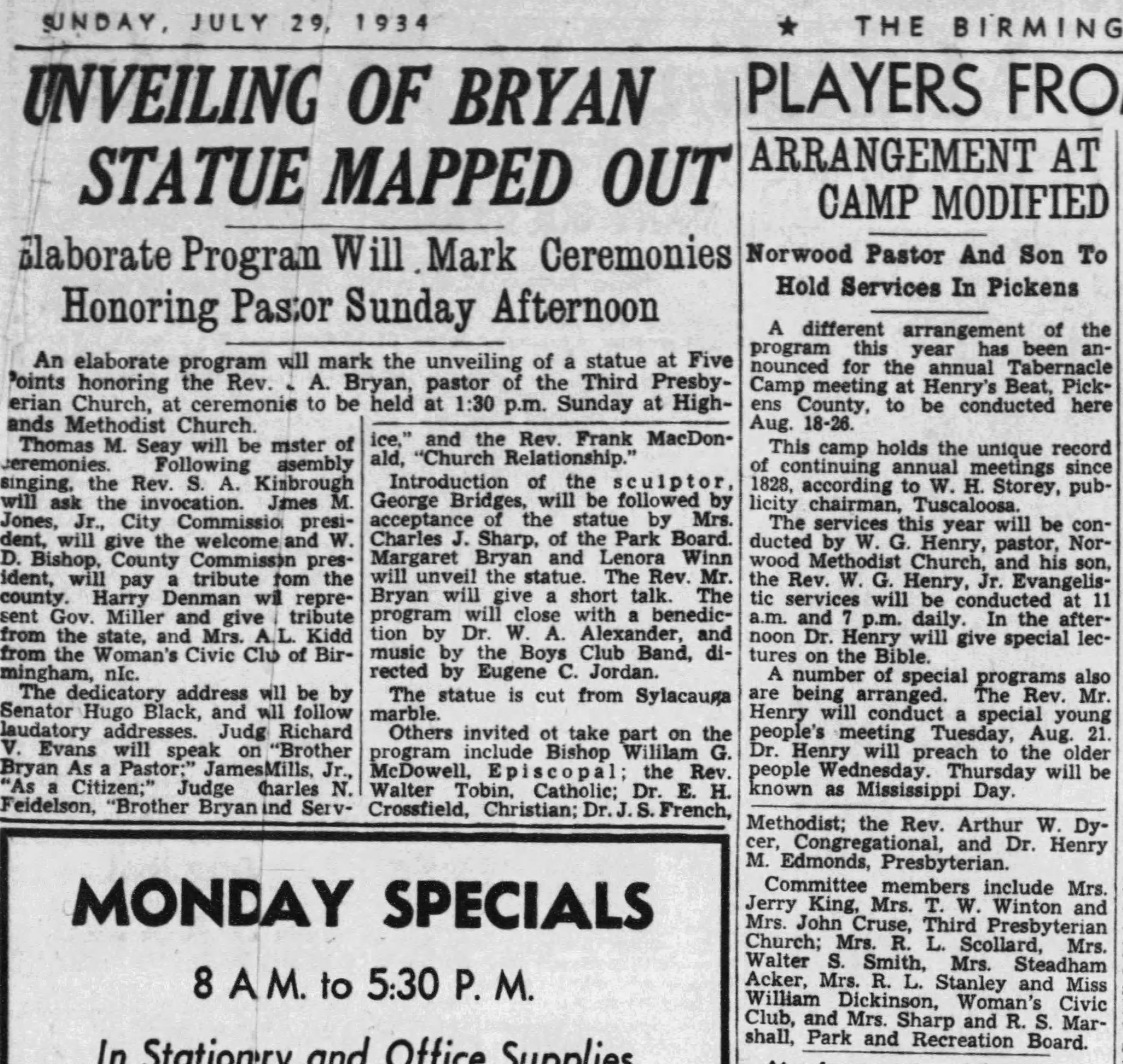 Unveiling of Bryan Statue Mapped Out